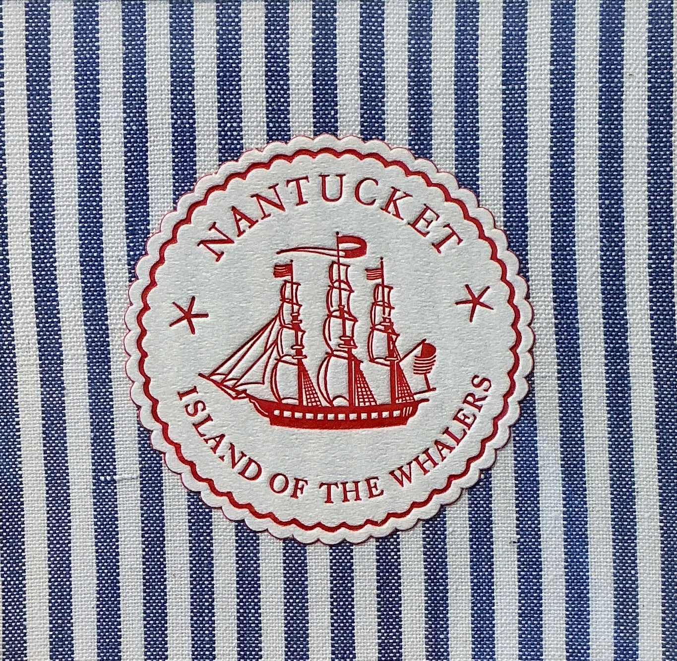 Nantucket Island of the Whalers Vintage 1950s Cocktail Napkin on Blue Ticking Stripes in Gold Frame