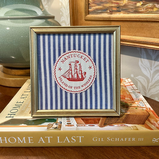 Nantucket Island of the Whalers Vintage 1950s Cocktail Napkin on Blue Ticking Stripes in Gold Frame