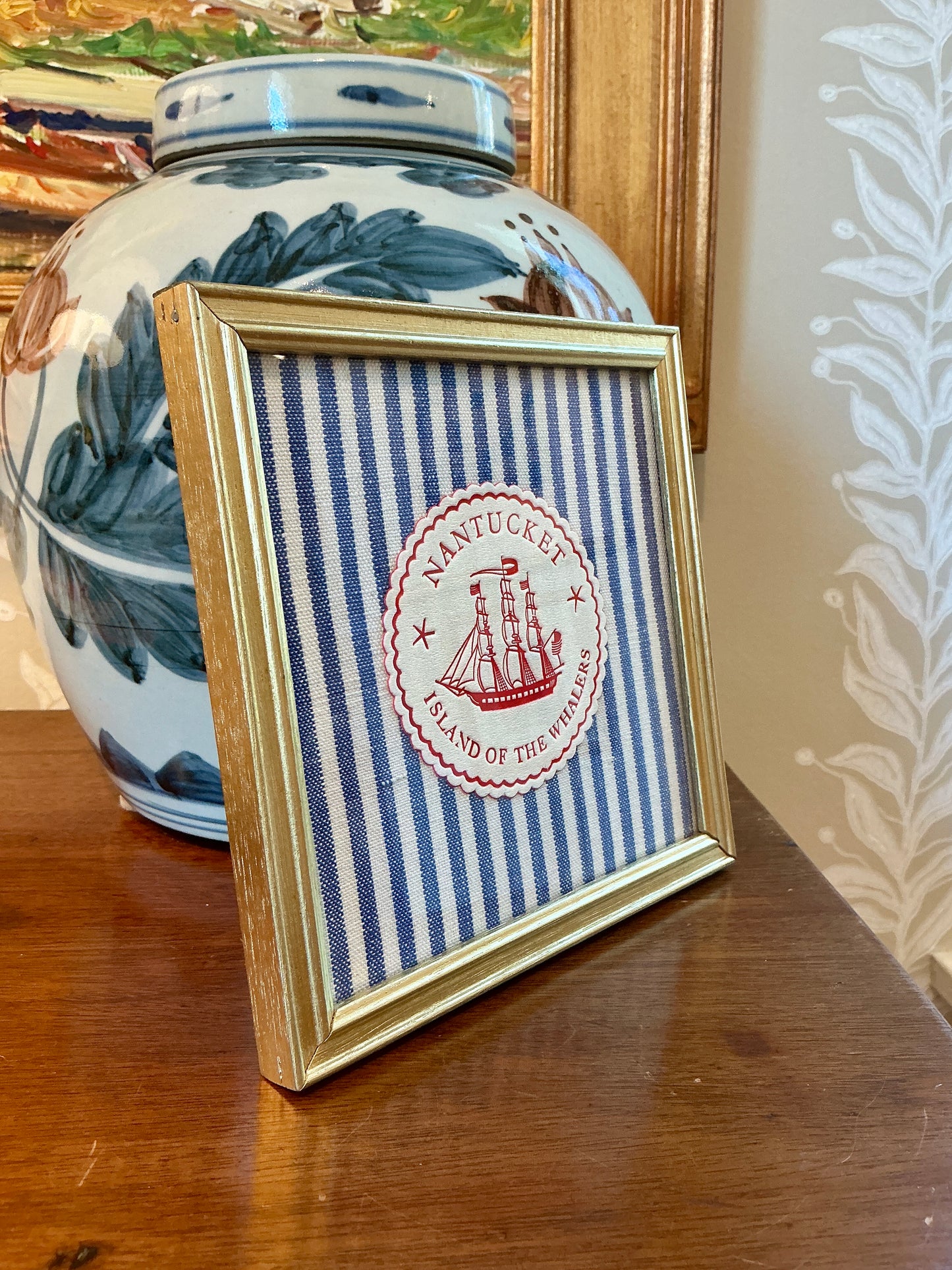Nantucket Island of the Whalers Vintage 1950s Cocktail Napkin on Blue Ticking Stripes in Gold Frame