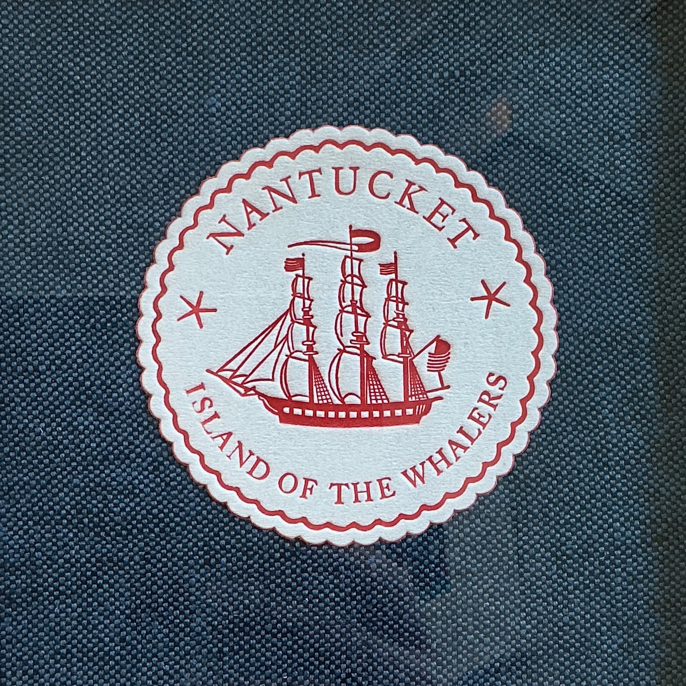 Nantucket Island of the Whalers Vintage 1950s Cocktail Napkin on Blue Pique in Gold Frame