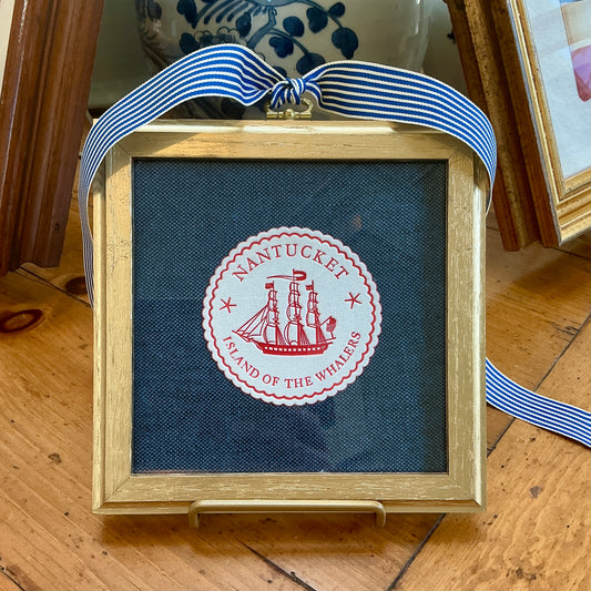 Nantucket Island of the Whalers Vintage 1950s Cocktail Napkin on Blue Pique in Gold Frame