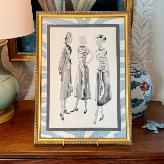 1950s Fashion Portrait Watercolor on Light Blue Animal Print in Vintage Gold Frame