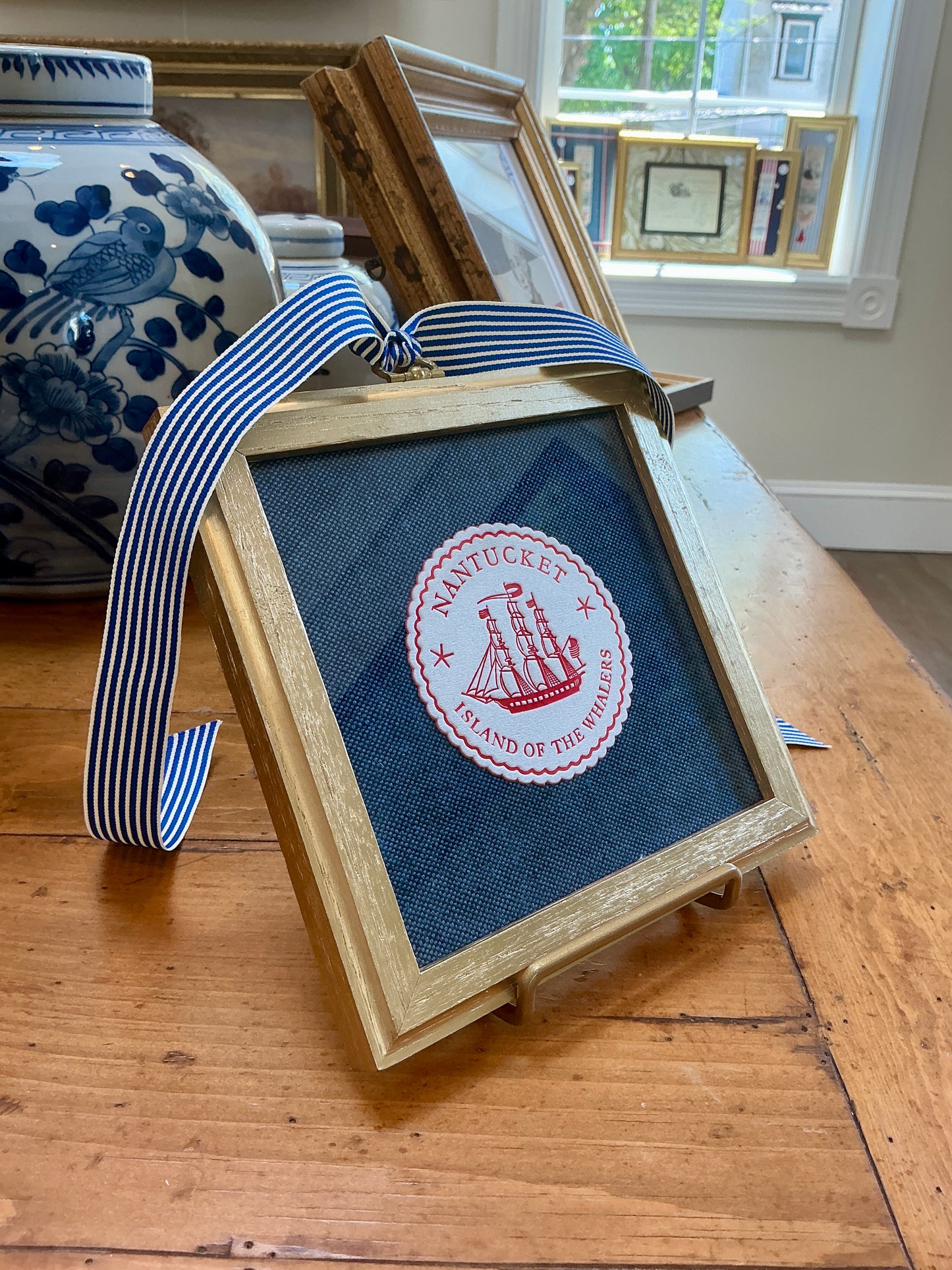 Nantucket Island of the Whalers Vintage 1950s Cocktail Napkin on Blue Pique in Gold Frame