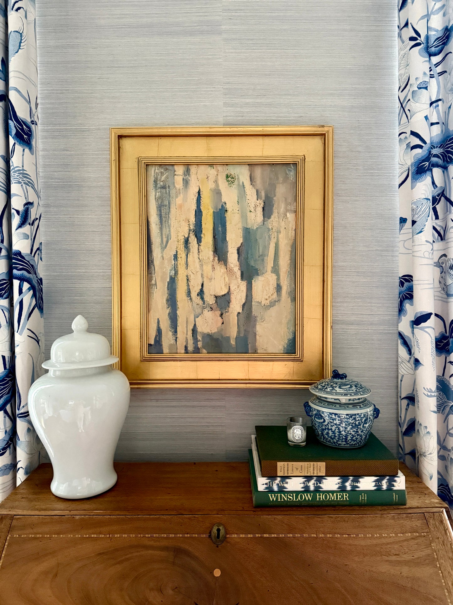 Richard Rogers Mid Century Blue Light Pink Abstract Oil Painting in Gold Frame