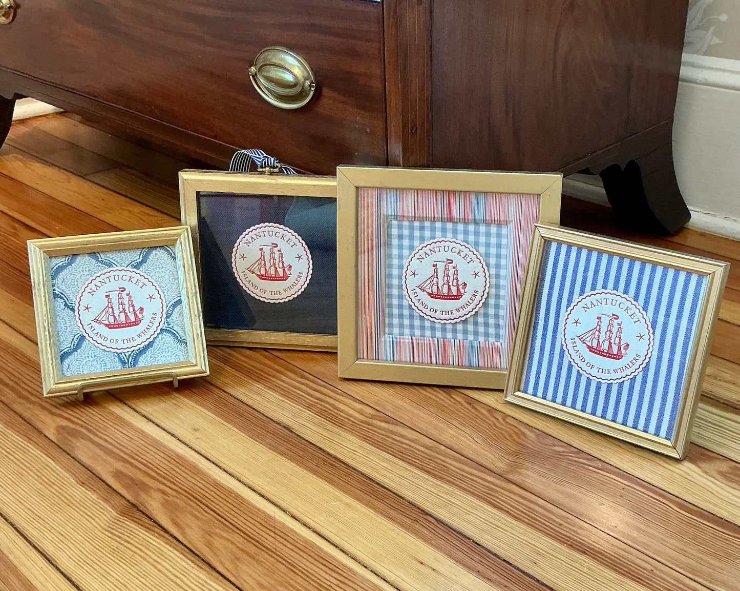 Nantucket Island of the Whalers Vintage 1950s Cocktail Napkin on Blue Ticking Stripes in Gold Frame