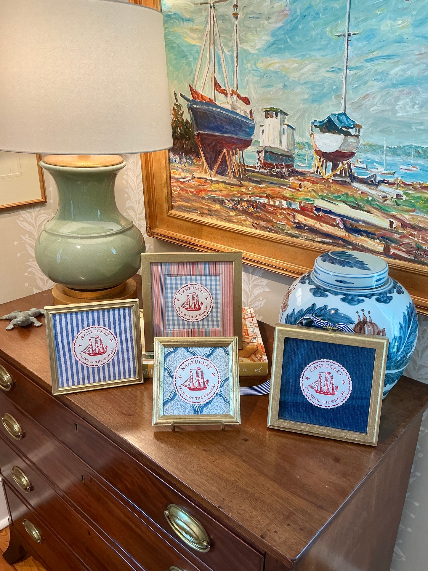 Nantucket Island of the Whalers Vintage 1950s Cocktail Napkin on Blue Kravet Shell Fabric in Gold Frame