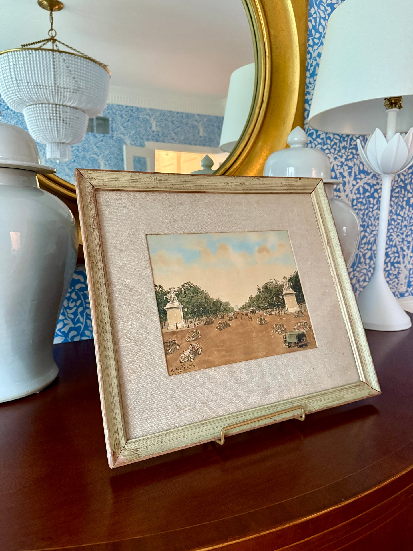 Amedee Prevost Champs-Élysées Paris Watercolor Gouache Painting in Painted Frame