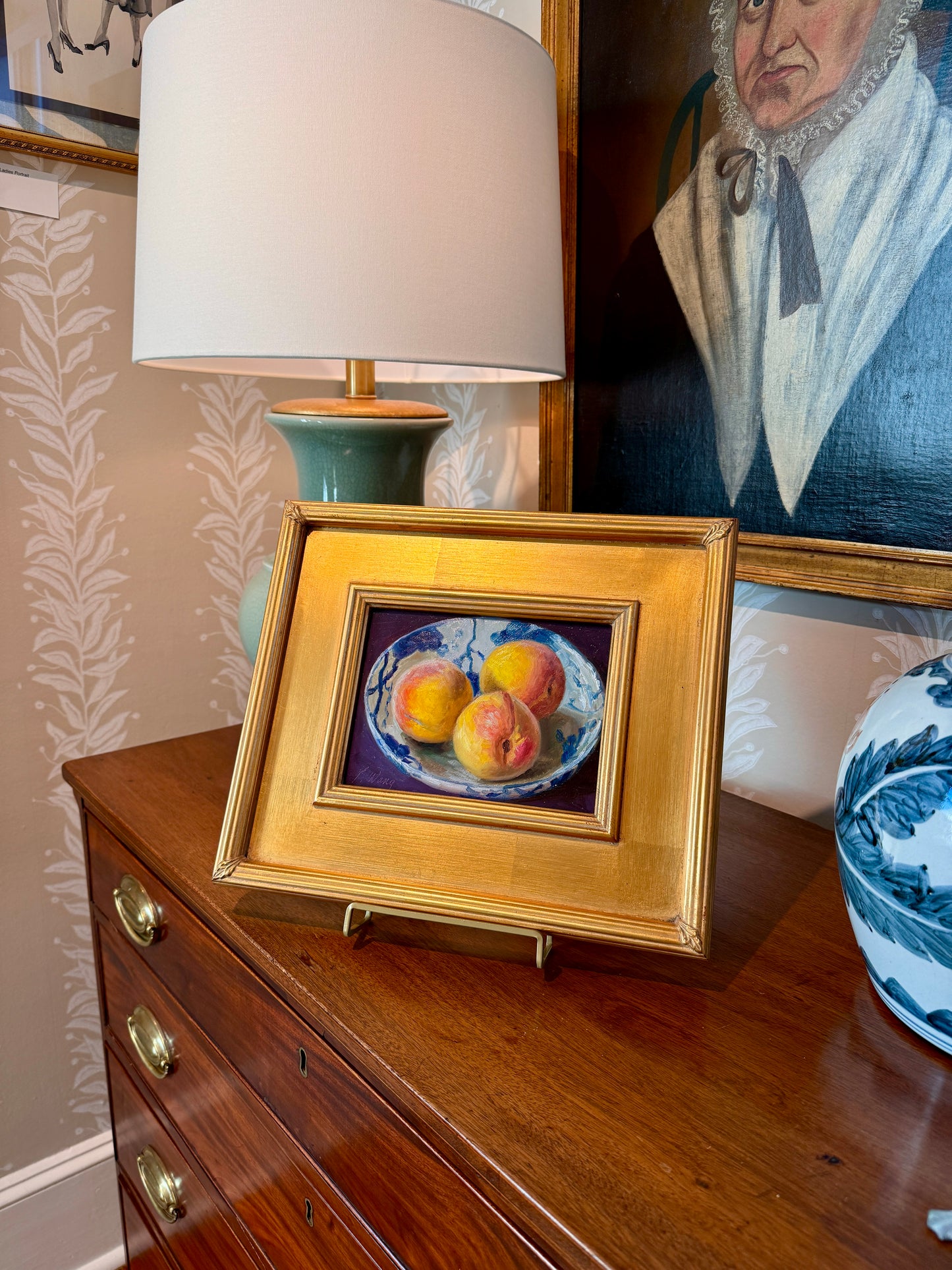 Youqing Wang Peaches in Blue and White Bowl Still Life Oil Painting in Gold Frame