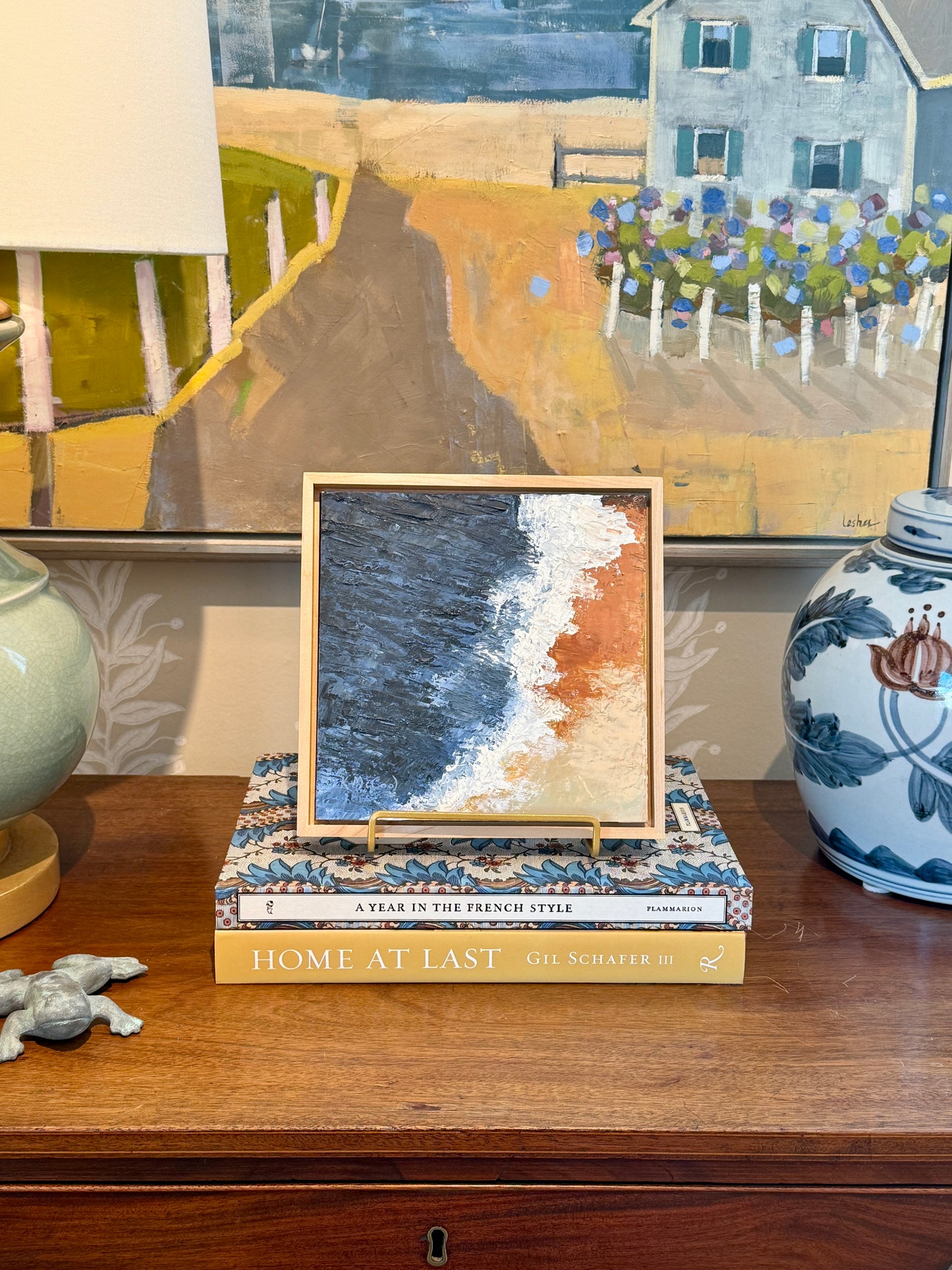 Karen McCool Above The Shoreline Oil and Wax Painting in Maple Floater Frame