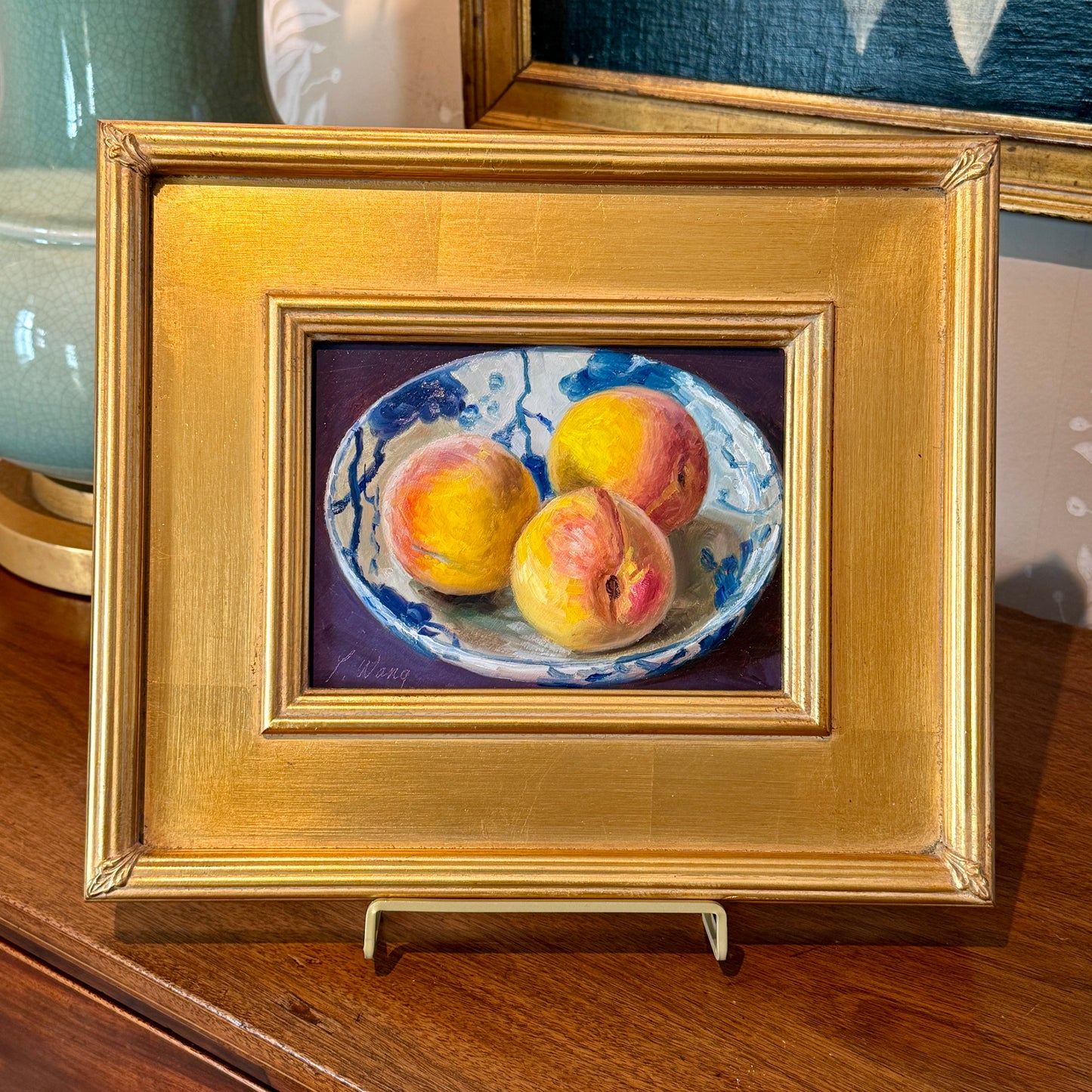 Youqing Wang Peaches in Blue and White Bowl Still Life Oil Painting in Gold Frame