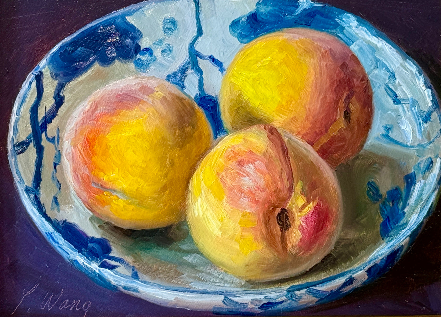 Youqing Wang Peaches in Blue and White Bowl Still Life Oil Painting in Gold Frame