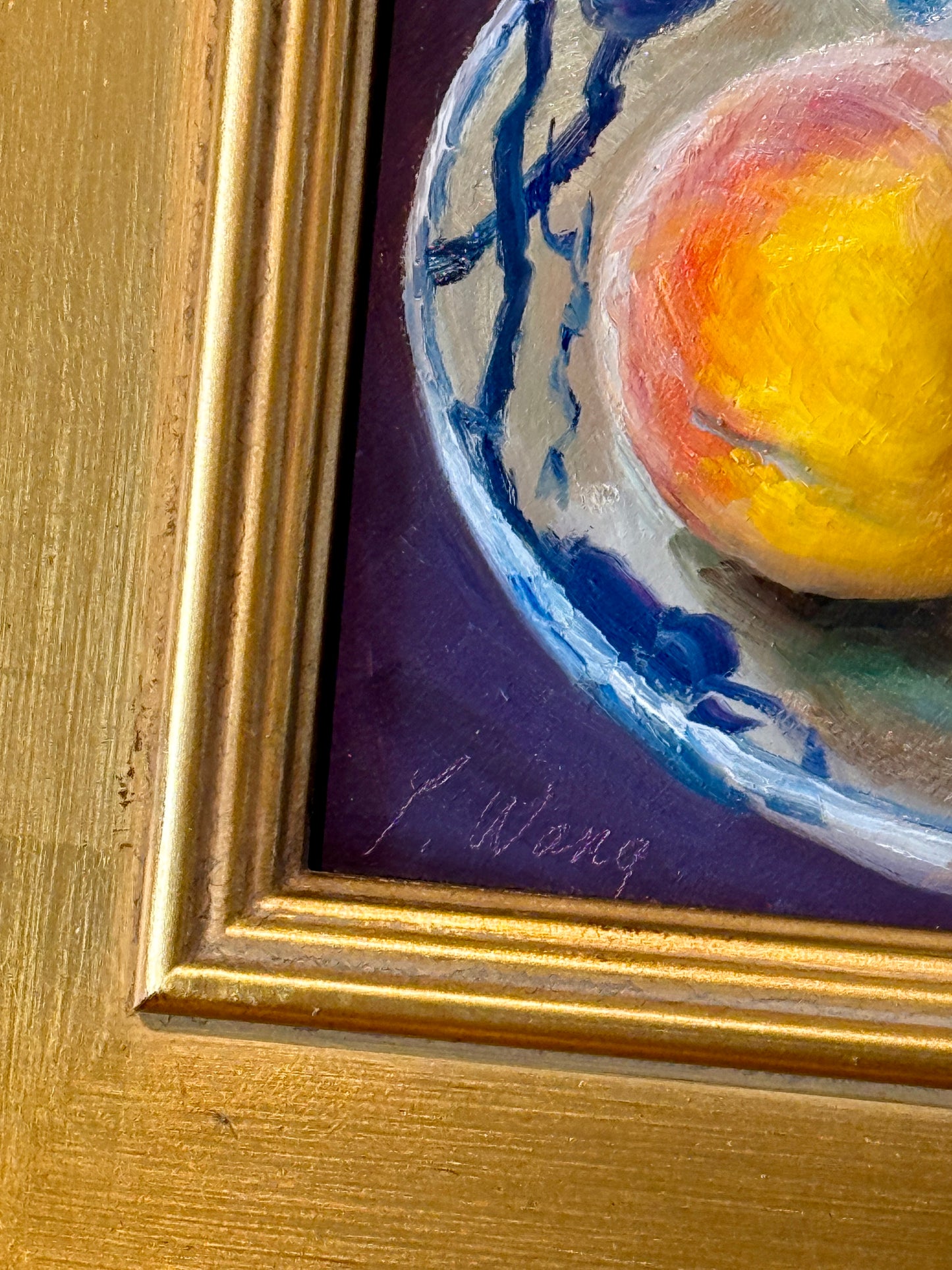 Youqing Wang Peaches in Blue and White Bowl Still Life Oil Painting in Gold Frame