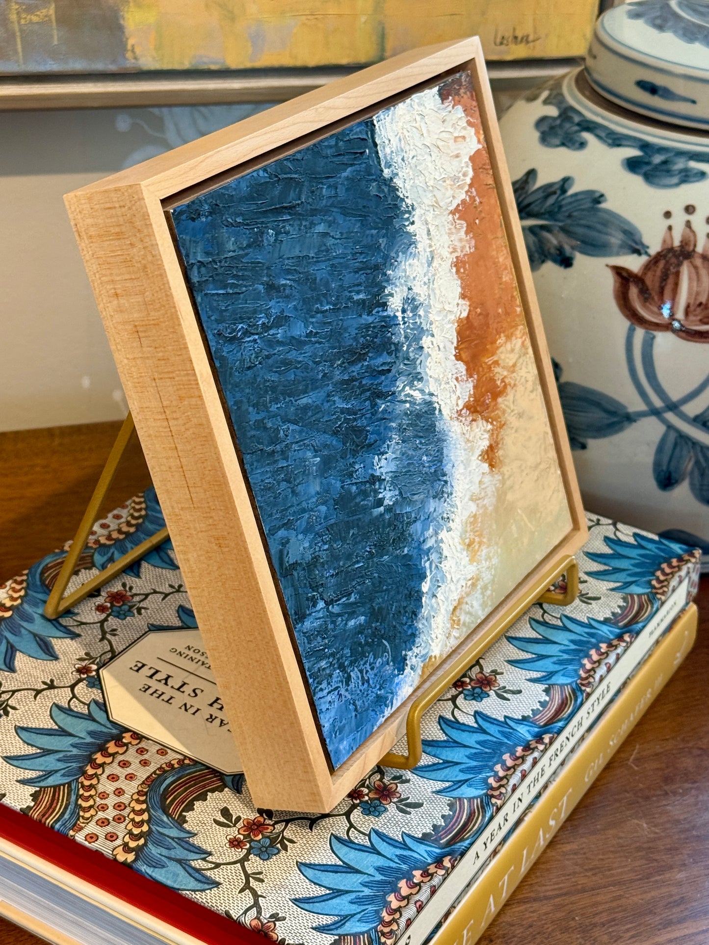 Karen McCool Above The Shoreline Oil and Wax Painting in Maple Floater Frame