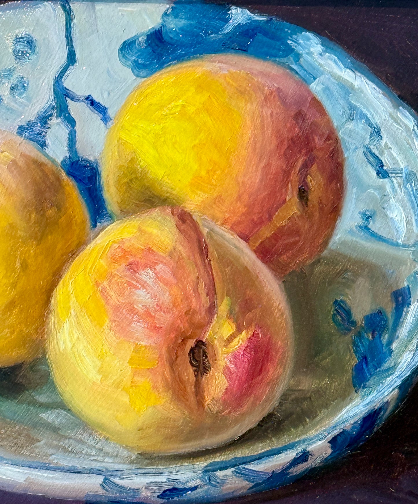 Youqing Wang Peaches in Blue and White Bowl Still Life Oil Painting in Gold Frame