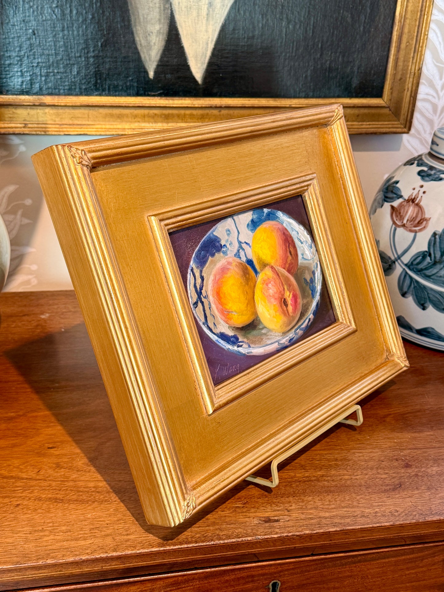 Youqing Wang Peaches in Blue and White Bowl Still Life Oil Painting in Gold Frame