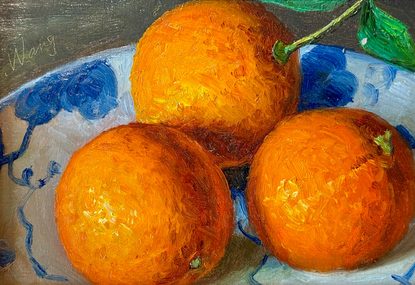 Youqing Wang Oranges in Blue and White Bowl Still Life Oil Painting in Gold Frame