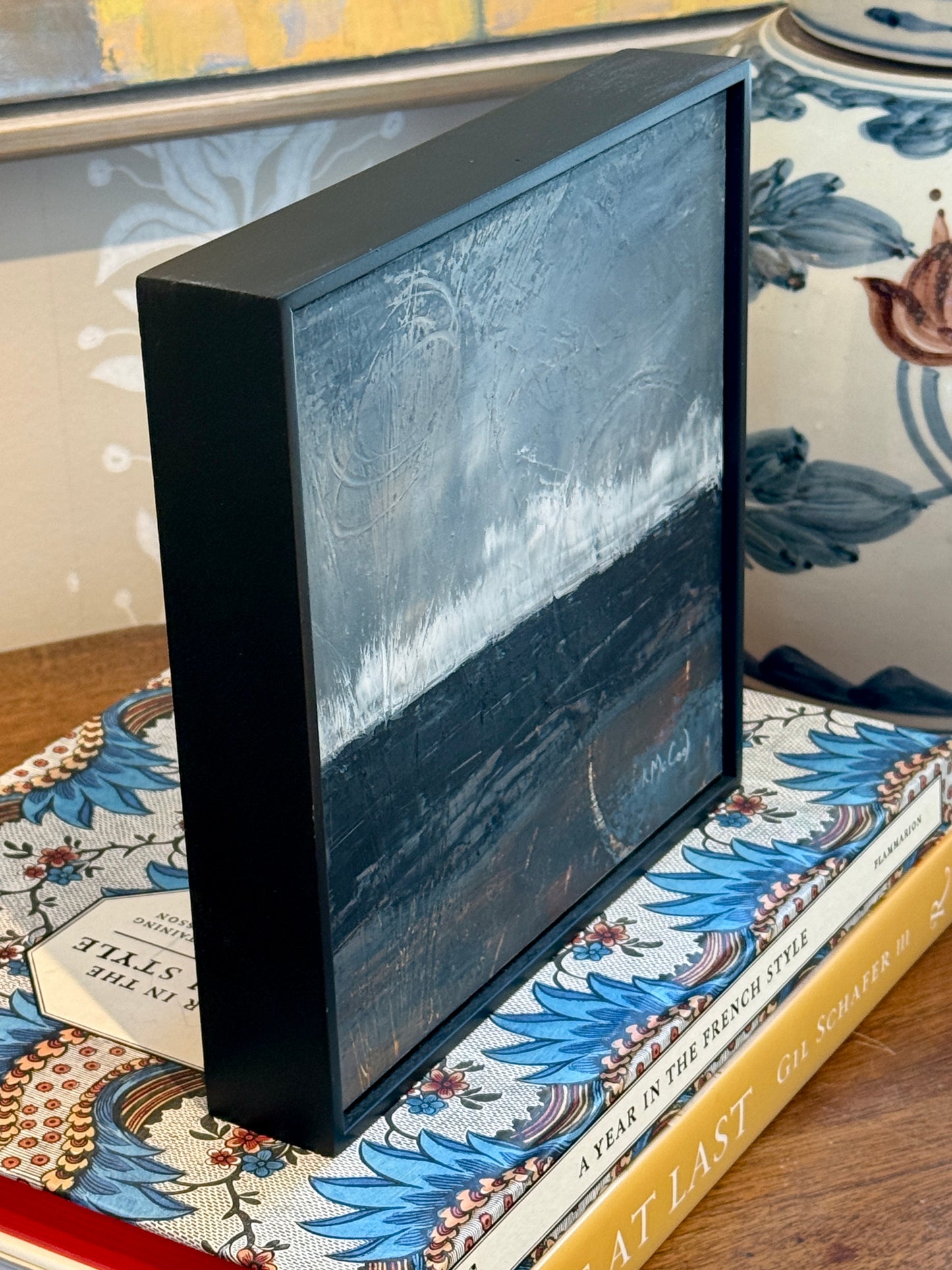 Karen McCool Dark Ocean Seascape Oil Painting in Black Floater Frame