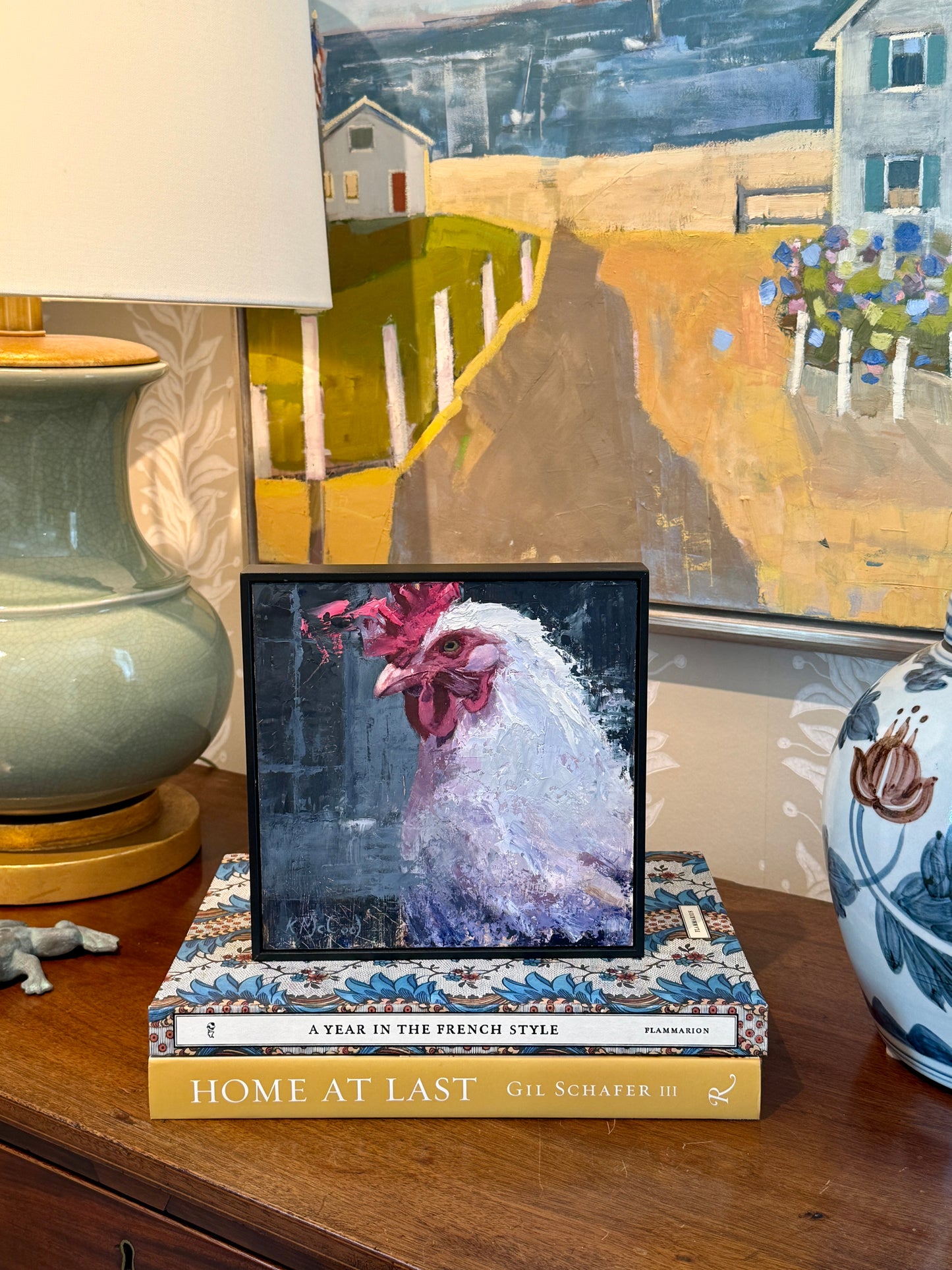 Karen McCool Dora the Eggsplora Rooster Portrait Oil Painting in Black Floater Frame