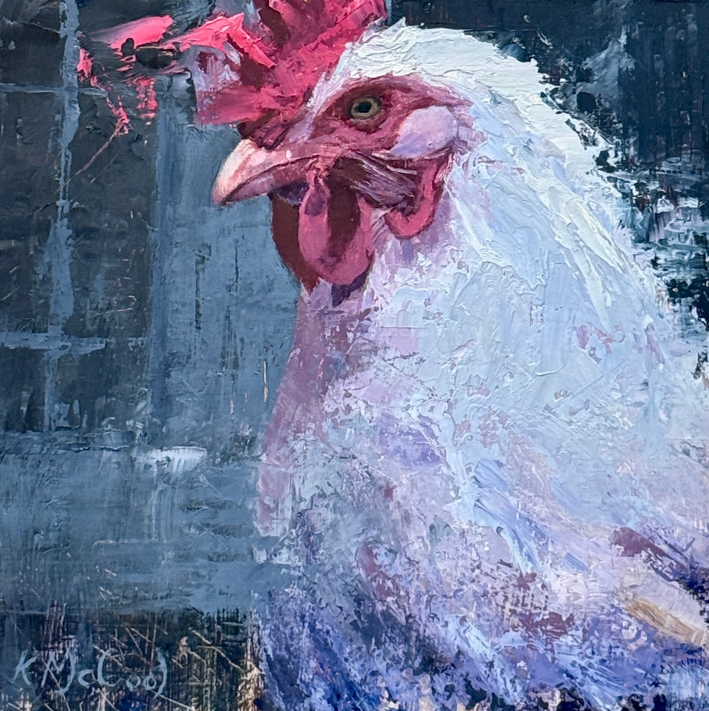 Karen McCool Dora the Eggsplora Rooster Portrait Oil Painting in Black Floater Frame