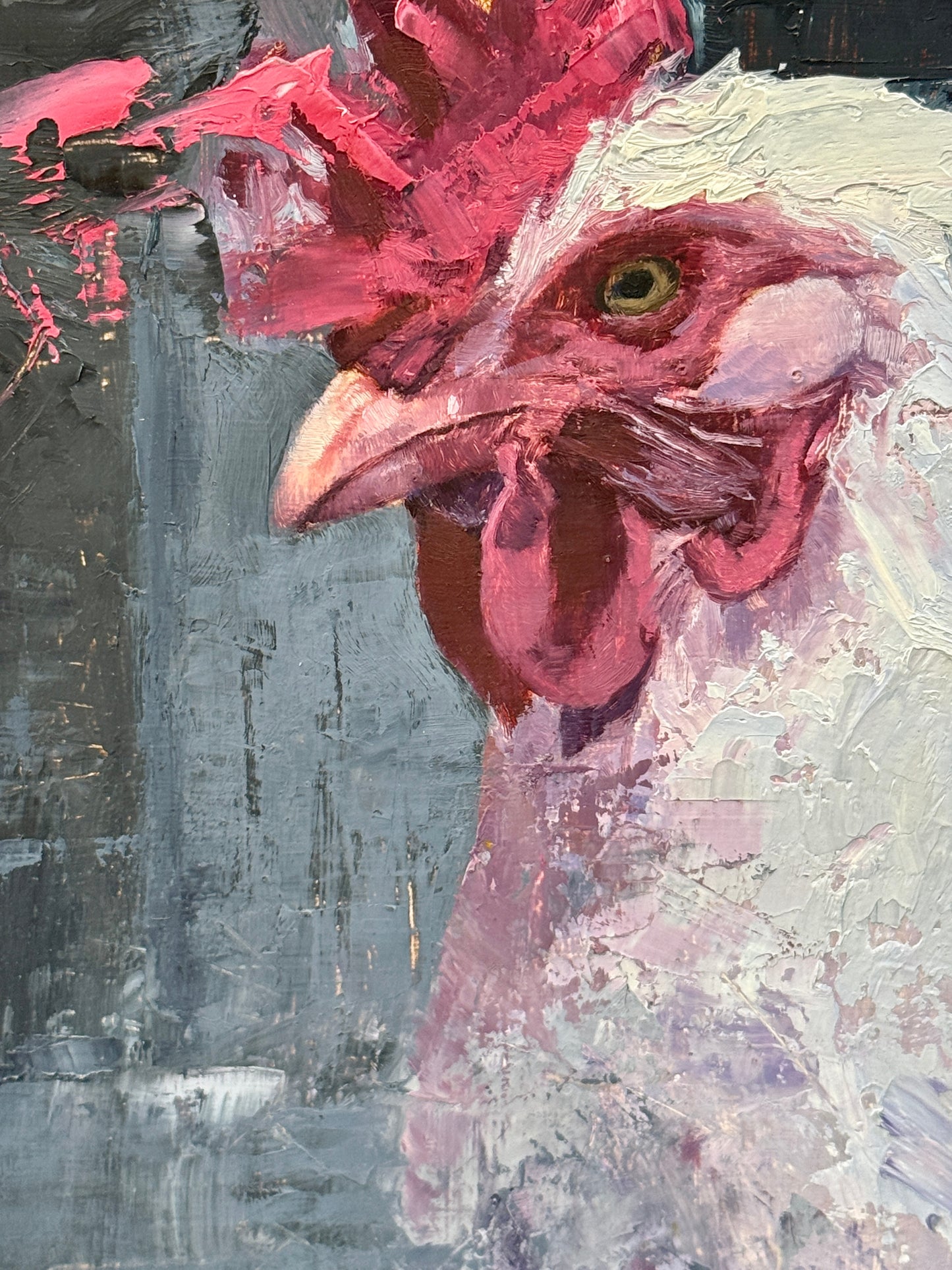 Karen McCool Dora the Eggsplora Rooster Portrait Oil Painting in Black Floater Frame