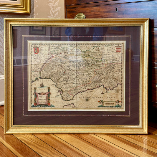 Antique Johannes Blaeu Engraved and Hand Colored Map of Spain Andalucia, Sevilla, Cordoba in Gold Frame