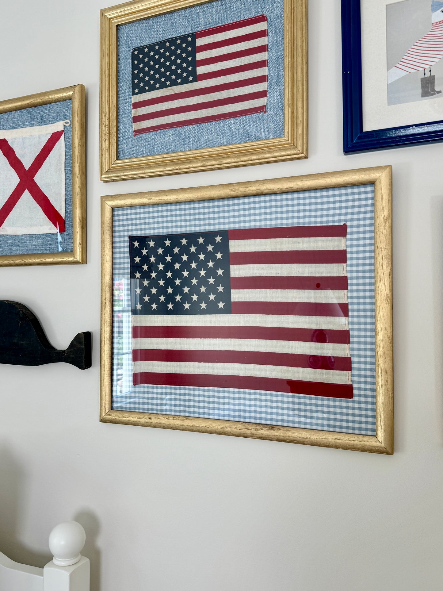 Vintage 50 Staggered Star American Flag on Light Blue Gingham Fabric in Gold Frame