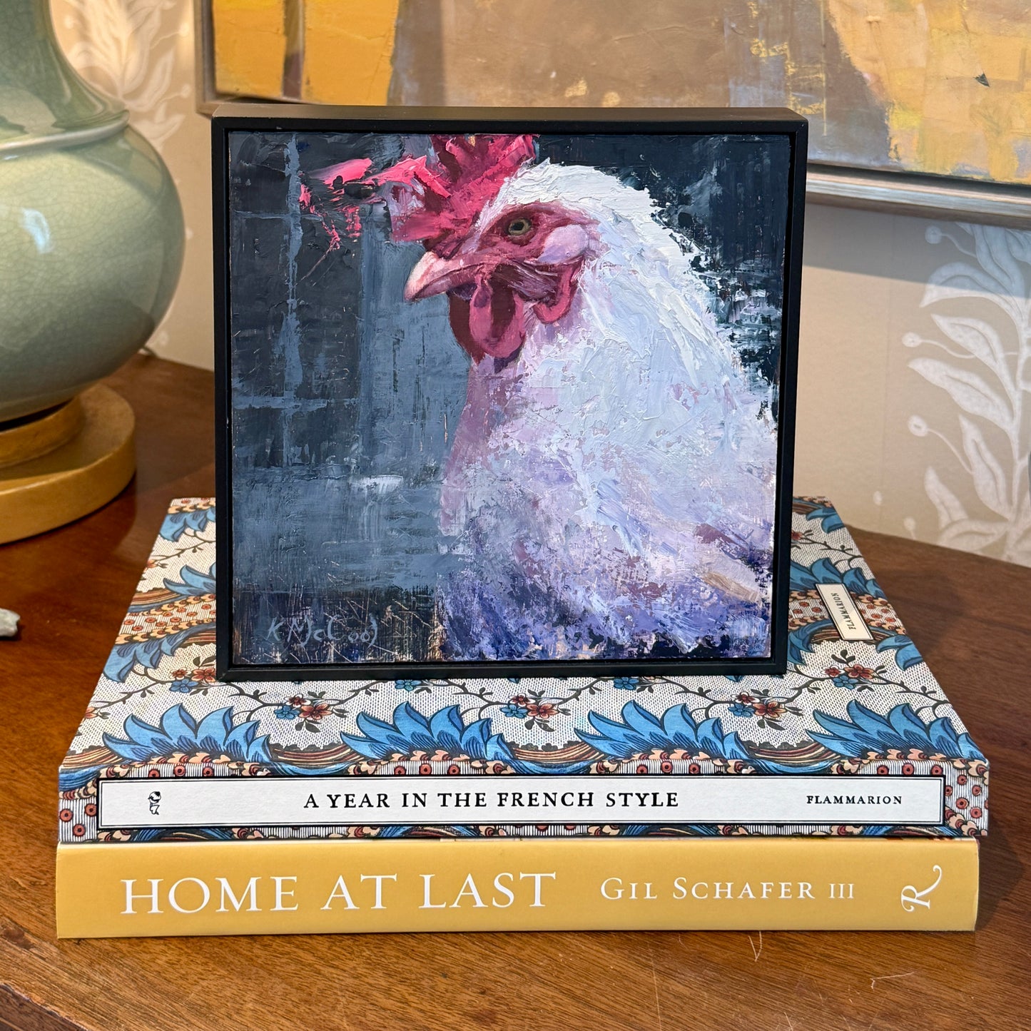 Karen McCool Dora the Eggsplora Rooster Portrait Oil Painting in Black Floater Frame
