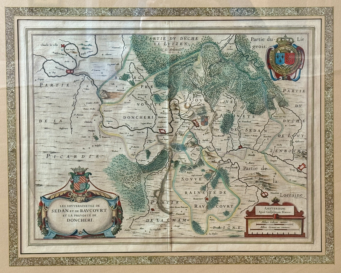 Antique Johannes Janssonius Engraved and Hand Colored Map of Northeastern France in Gold Frame