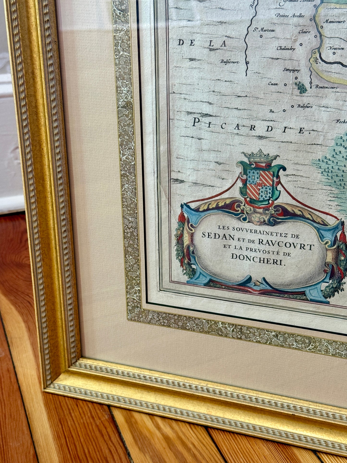 Antique Johannes Janssonius Engraved and Hand Colored Map of Northeastern France in Gold Frame