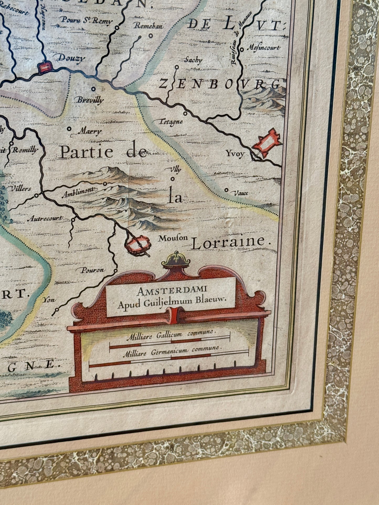 Antique Johannes Janssonius Engraved and Hand Colored Map of Northeastern France in Gold Frame