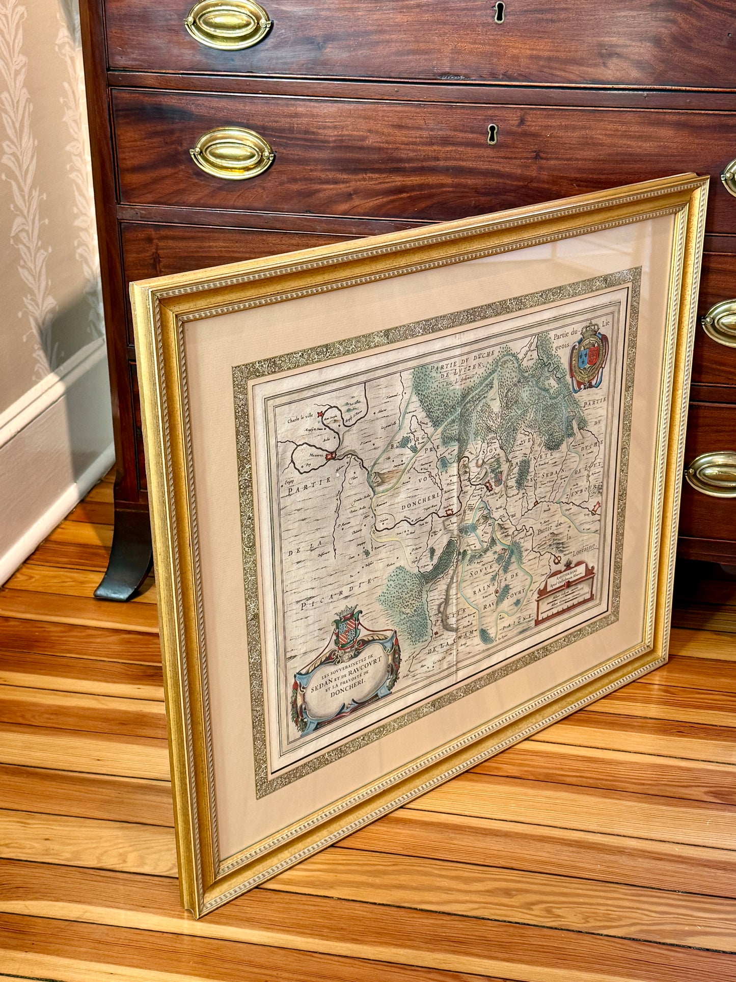 Antique Johannes Janssonius Engraved and Hand Colored Map of Northeastern France in Gold Frame