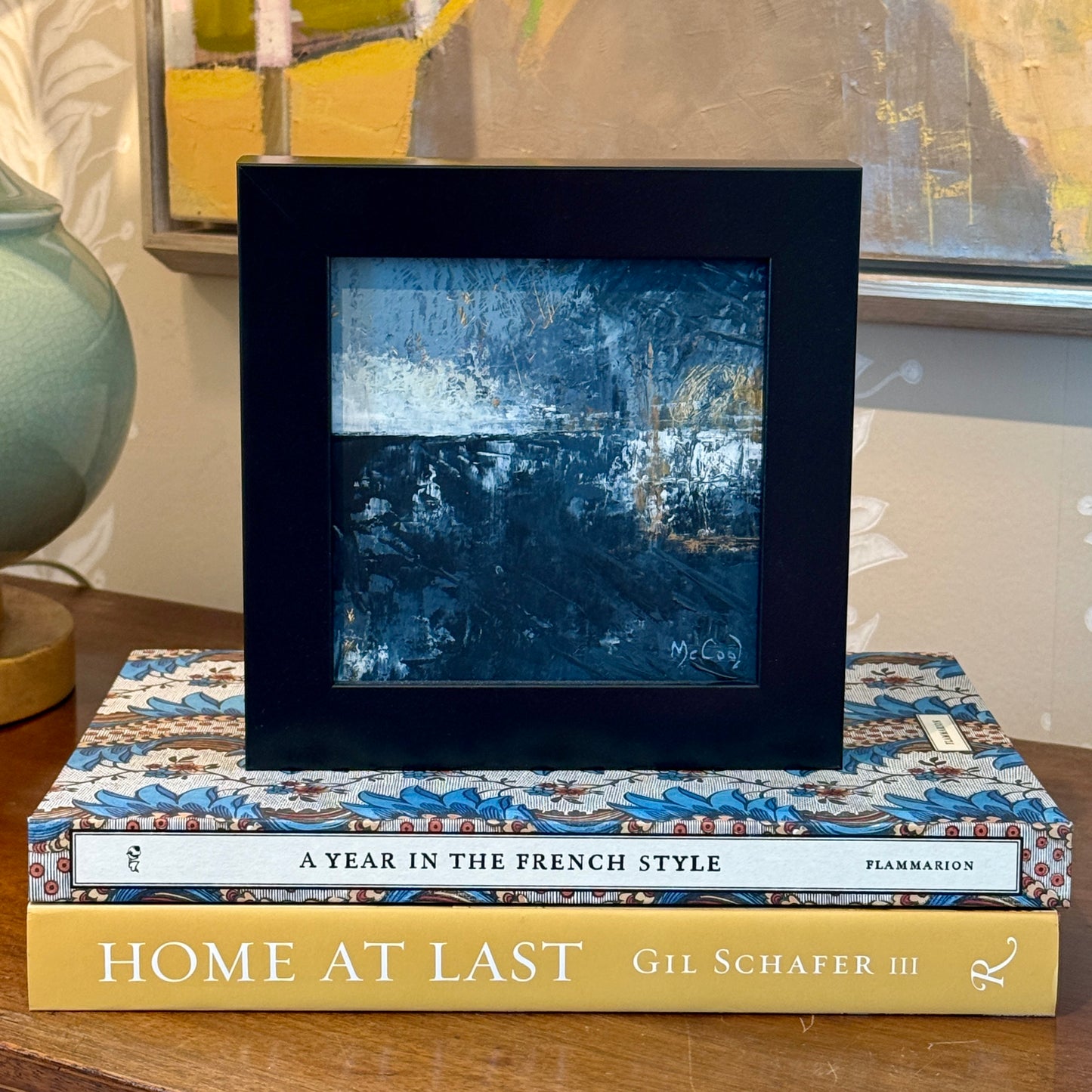 Karen McCool Blue And Gold Tide Oil and Wax Painting in Black Frame