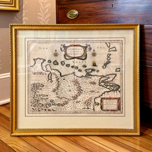 Antique Henricus Hondius Engraved and Hand Colored Map of Venezuela in Gold Frame