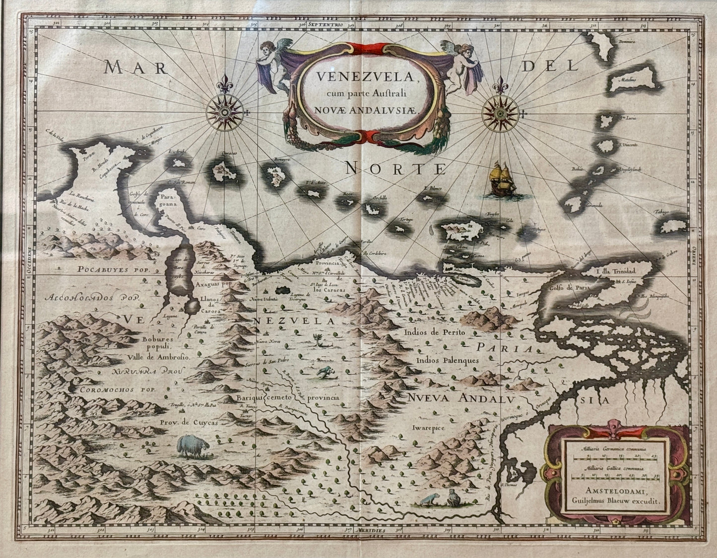 Antique Henricus Hondius Engraved and Hand Colored Map of Venezuela in Gold Frame
