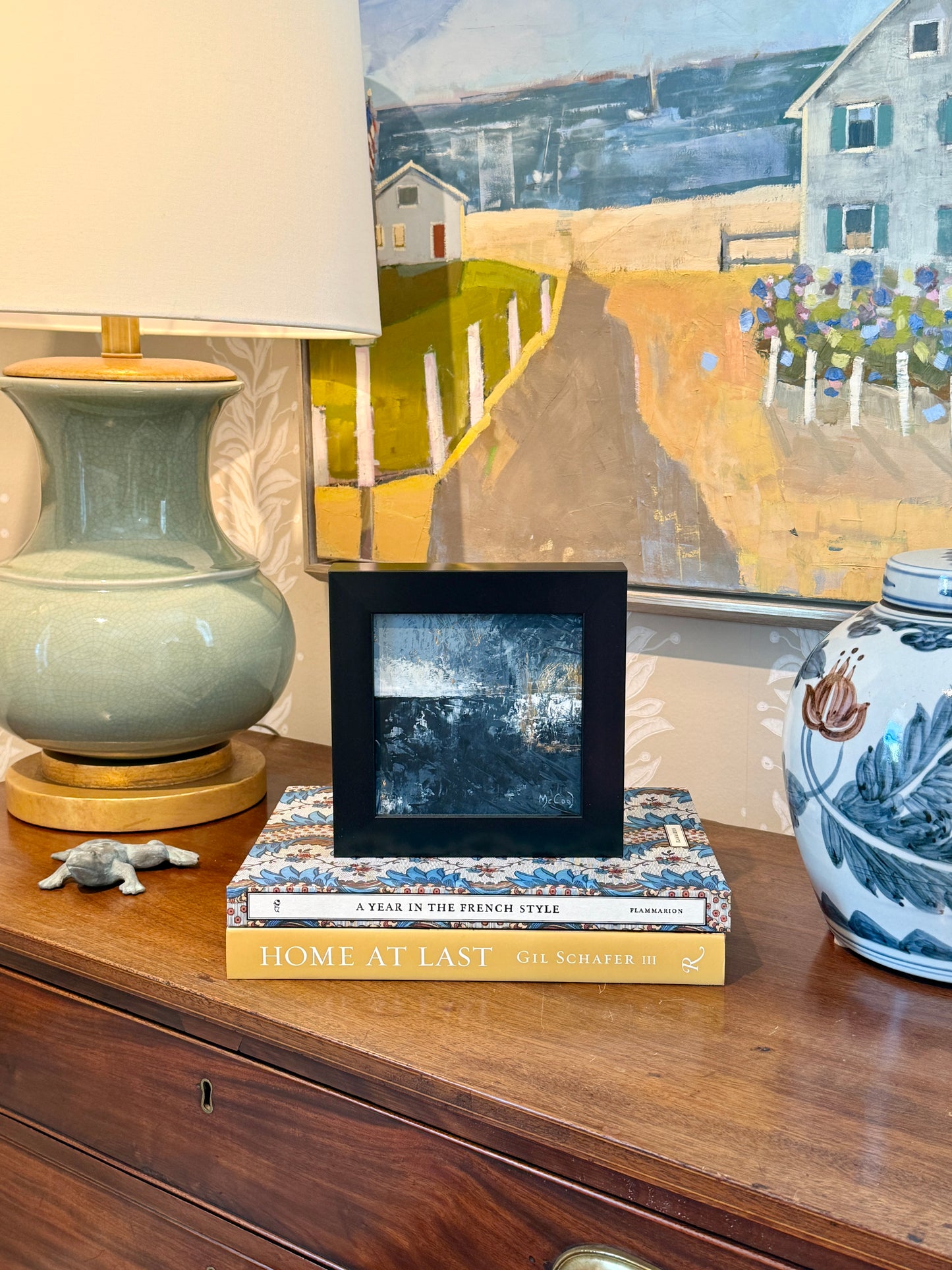 Karen McCool Blue And Gold Tide Oil and Wax Painting in Black Frame