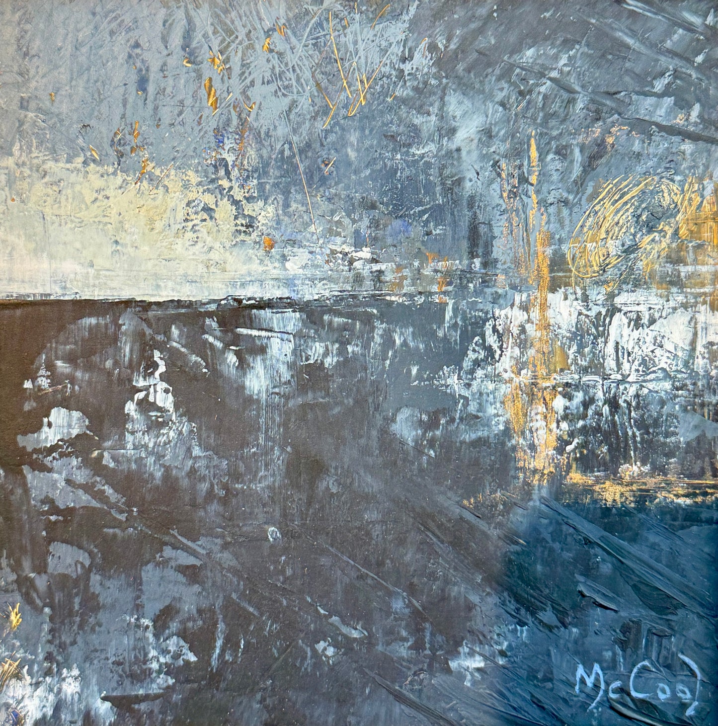 Karen McCool Blue And Gold Tide Oil and Wax Painting in Black Frame
