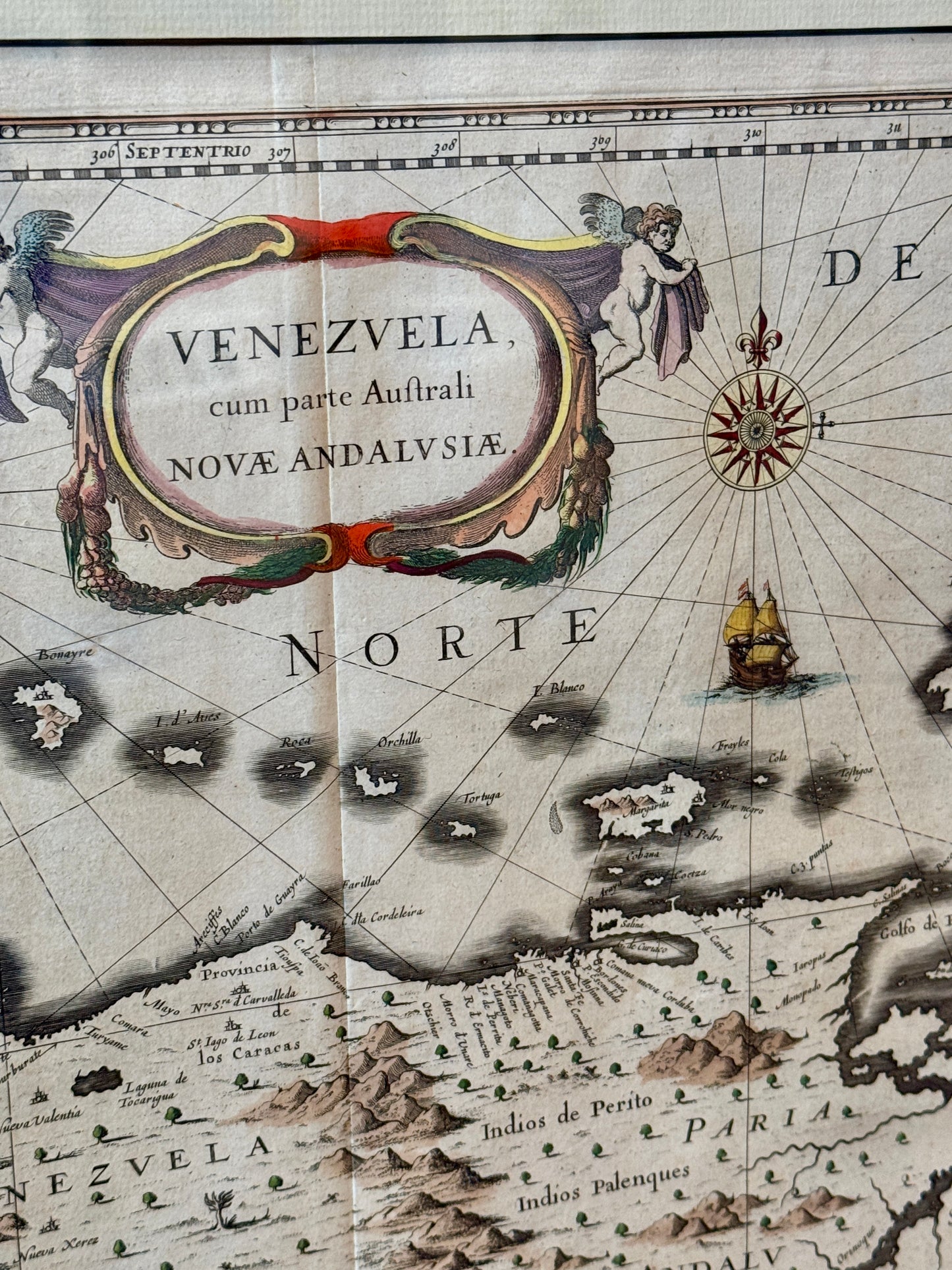 Antique Henricus Hondius Engraved and Hand Colored Map of Venezuela in Gold Frame