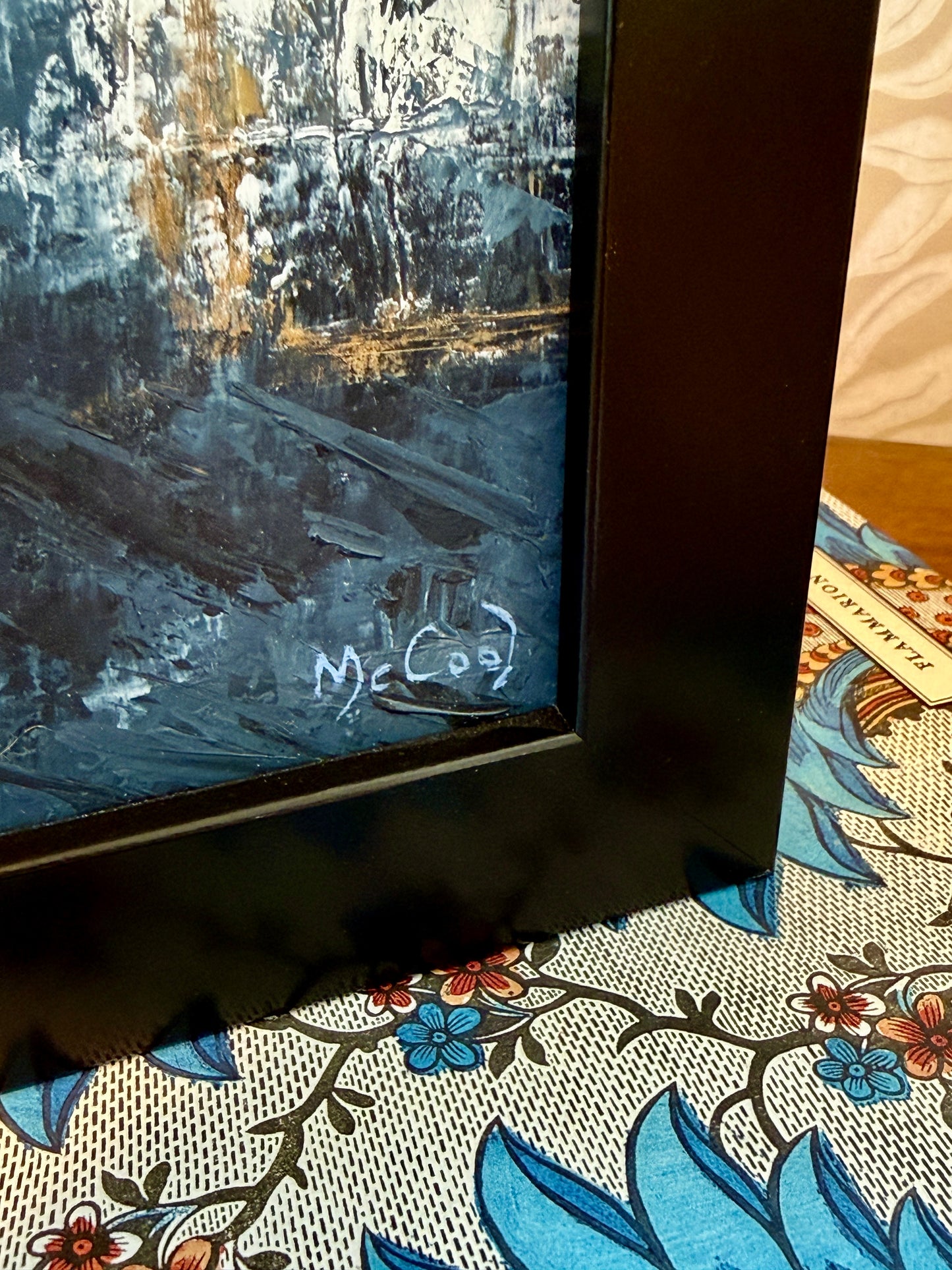 Karen McCool Blue And Gold Tide Oil and Wax Painting in Black Frame