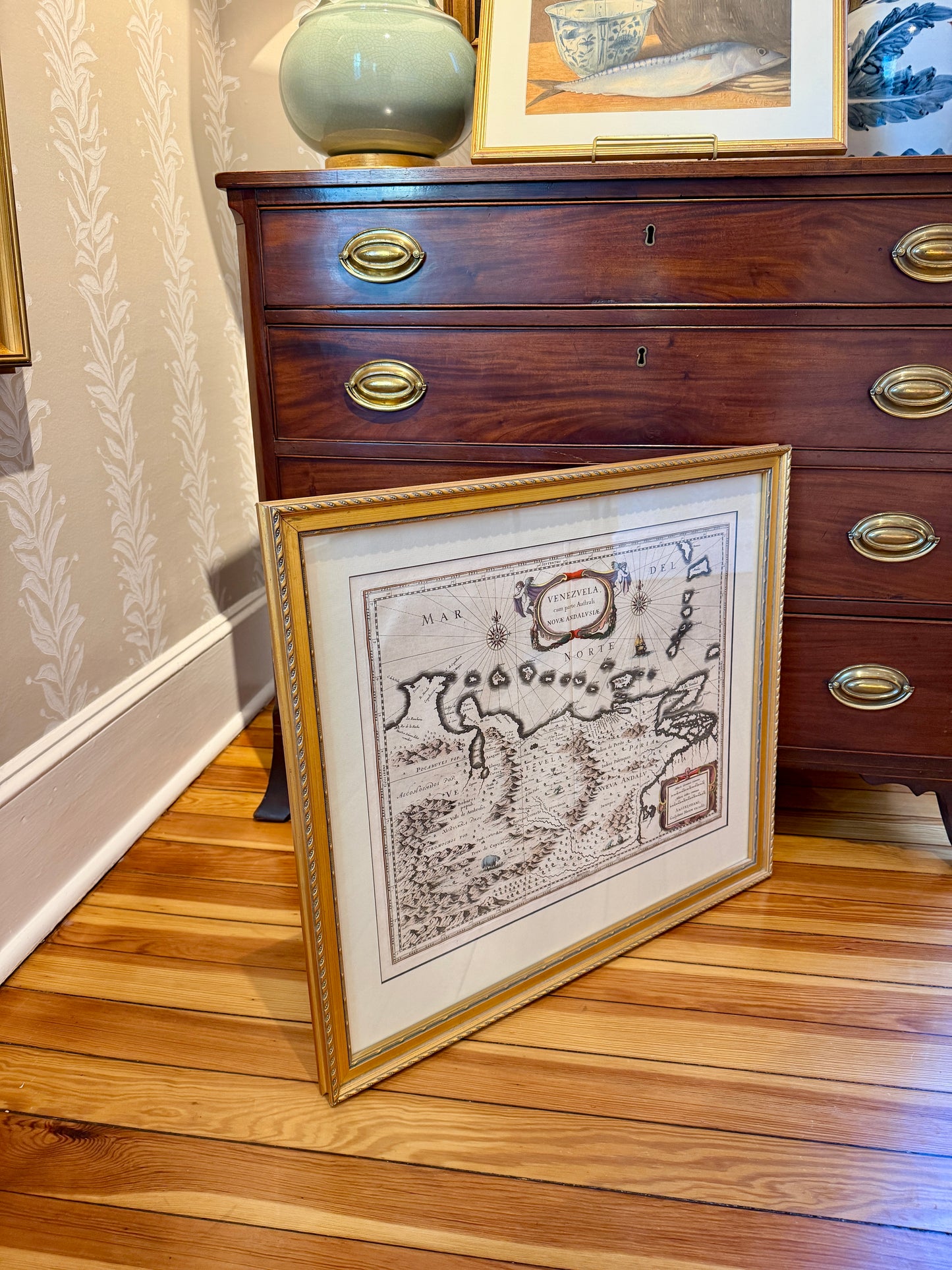 Antique Henricus Hondius Engraved and Hand Colored Map of Venezuela in Gold Frame