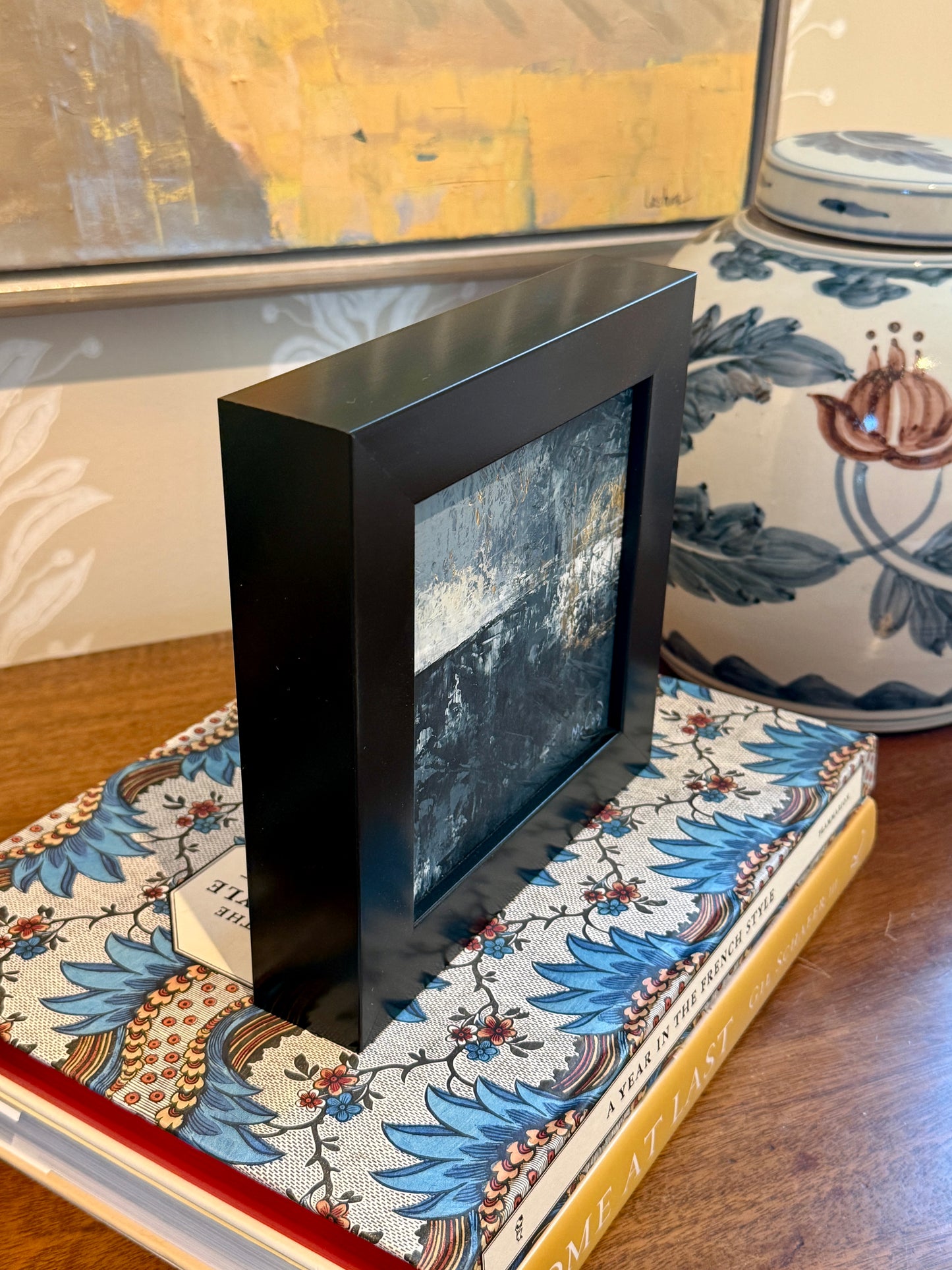 Karen McCool Blue And Gold Tide Oil and Wax Painting in Black Frame