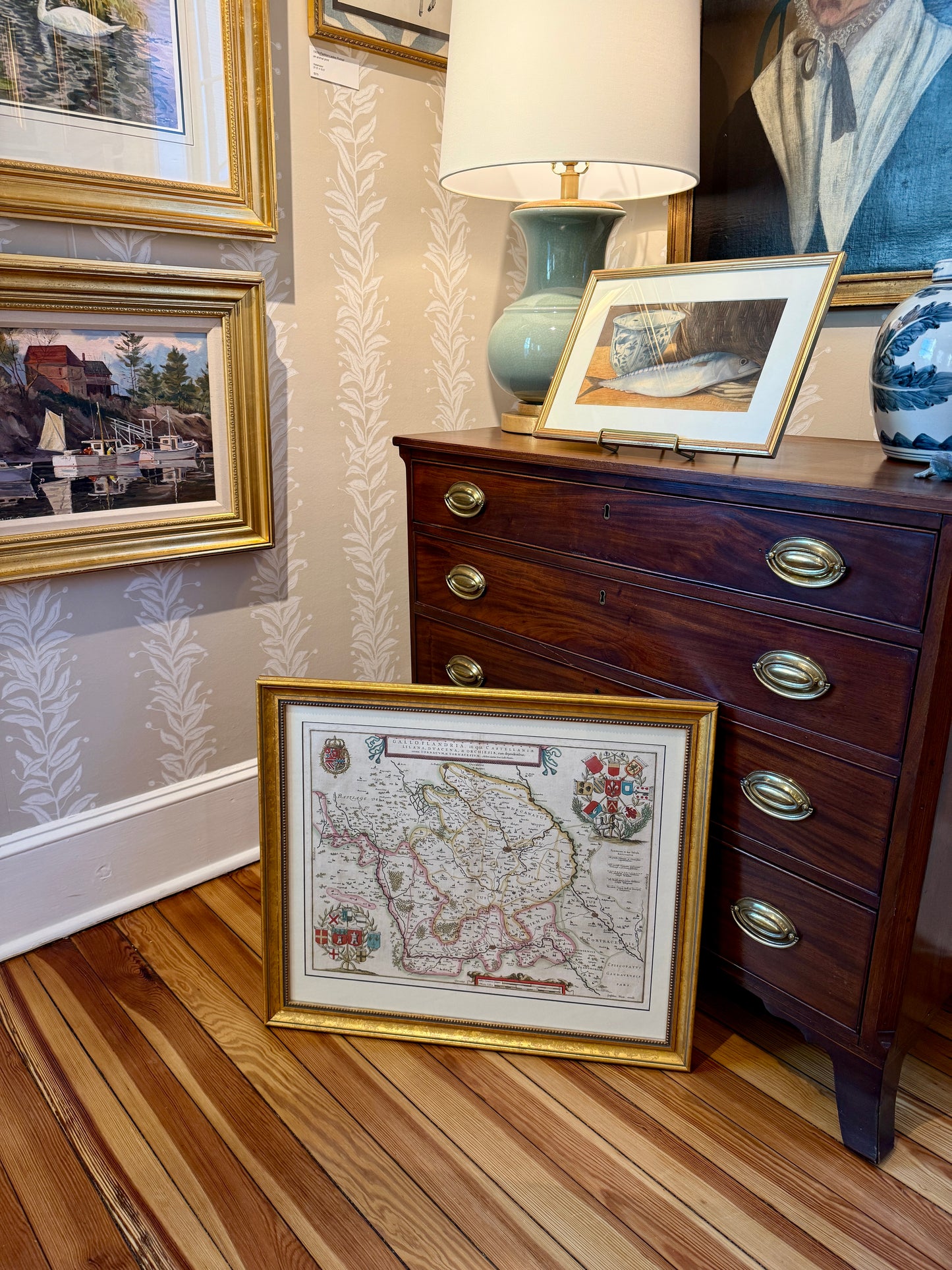 Antique Willem Janszoon Blaeu Engraved and Hand Colored Map of France in Gold Frame