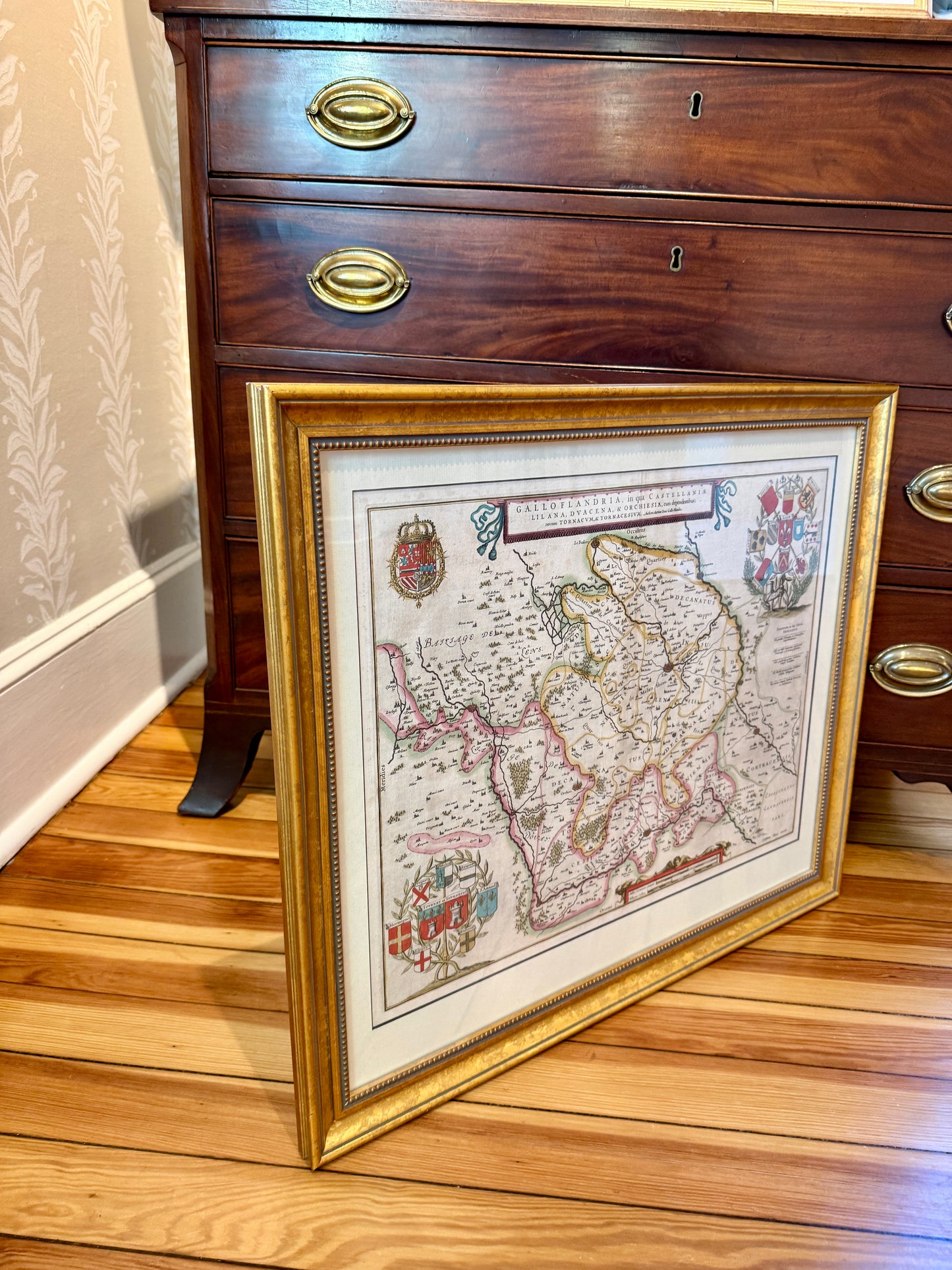 Antique Willem Janszoon Blaeu Engraved and Hand Colored Map of France in Gold Frame