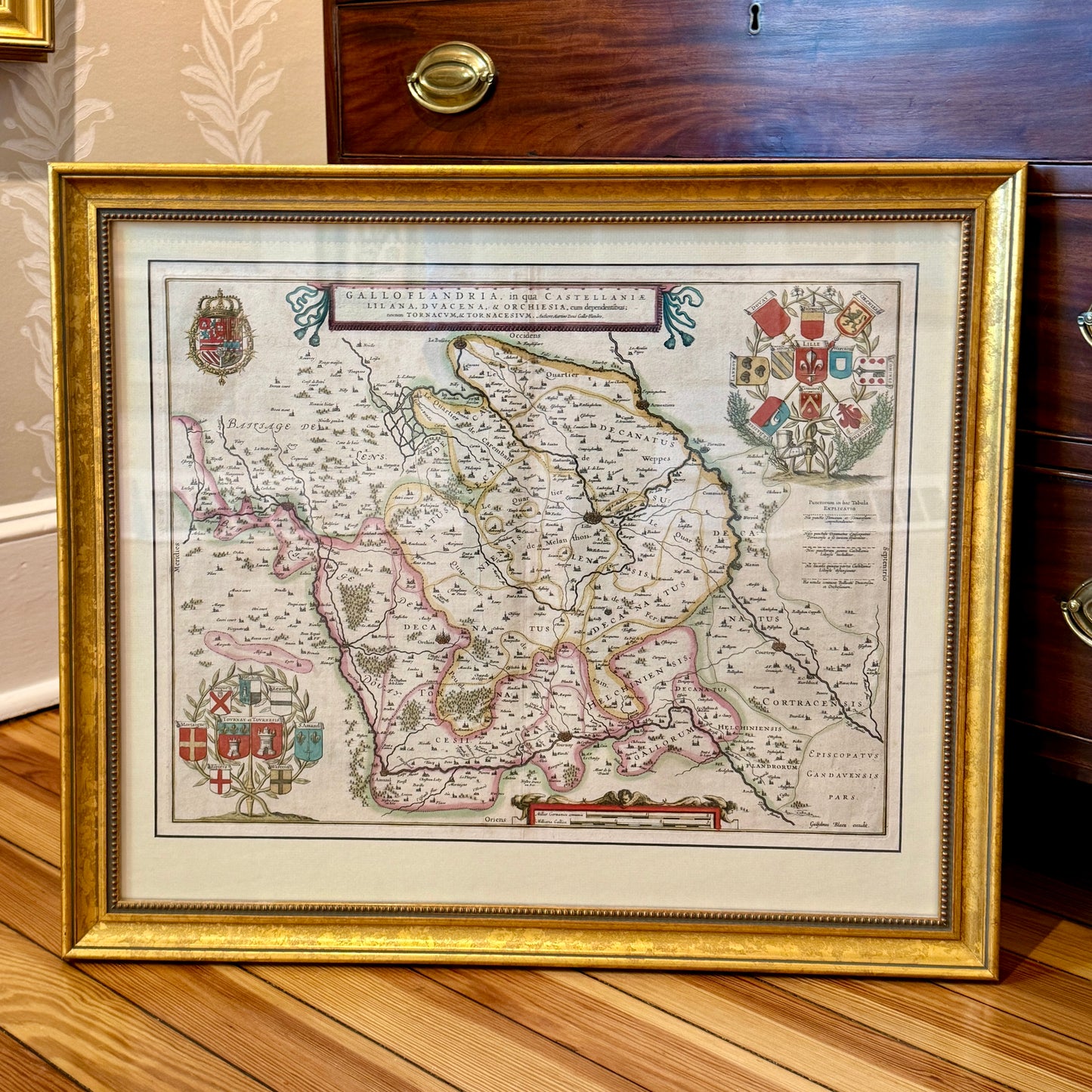 Antique Willem Janszoon Blaeu Engraved and Hand Colored Map of France in Gold Frame