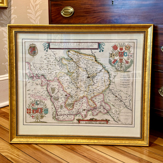 Antique Willem Janszoon Blaeu Engraved and Hand Colored Map of France in Gold Frame