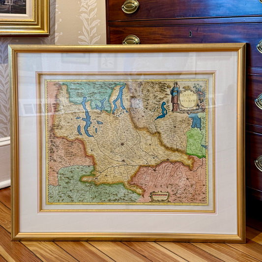 Antique Johannes Blaeu Engraved and Hand Colored Map of Milan, Italy Milano in Gold Frame