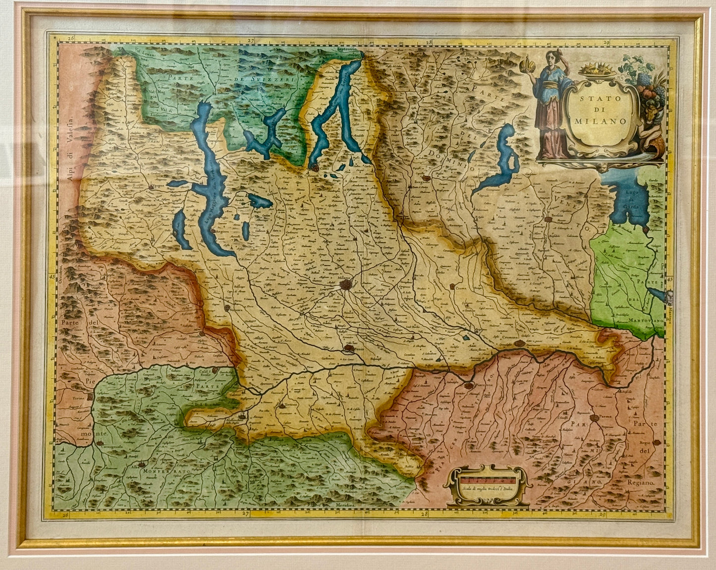 Antique Johannes Blaeu Engraved and Hand Colored Map of Milan, Italy Milano in Gold Frame