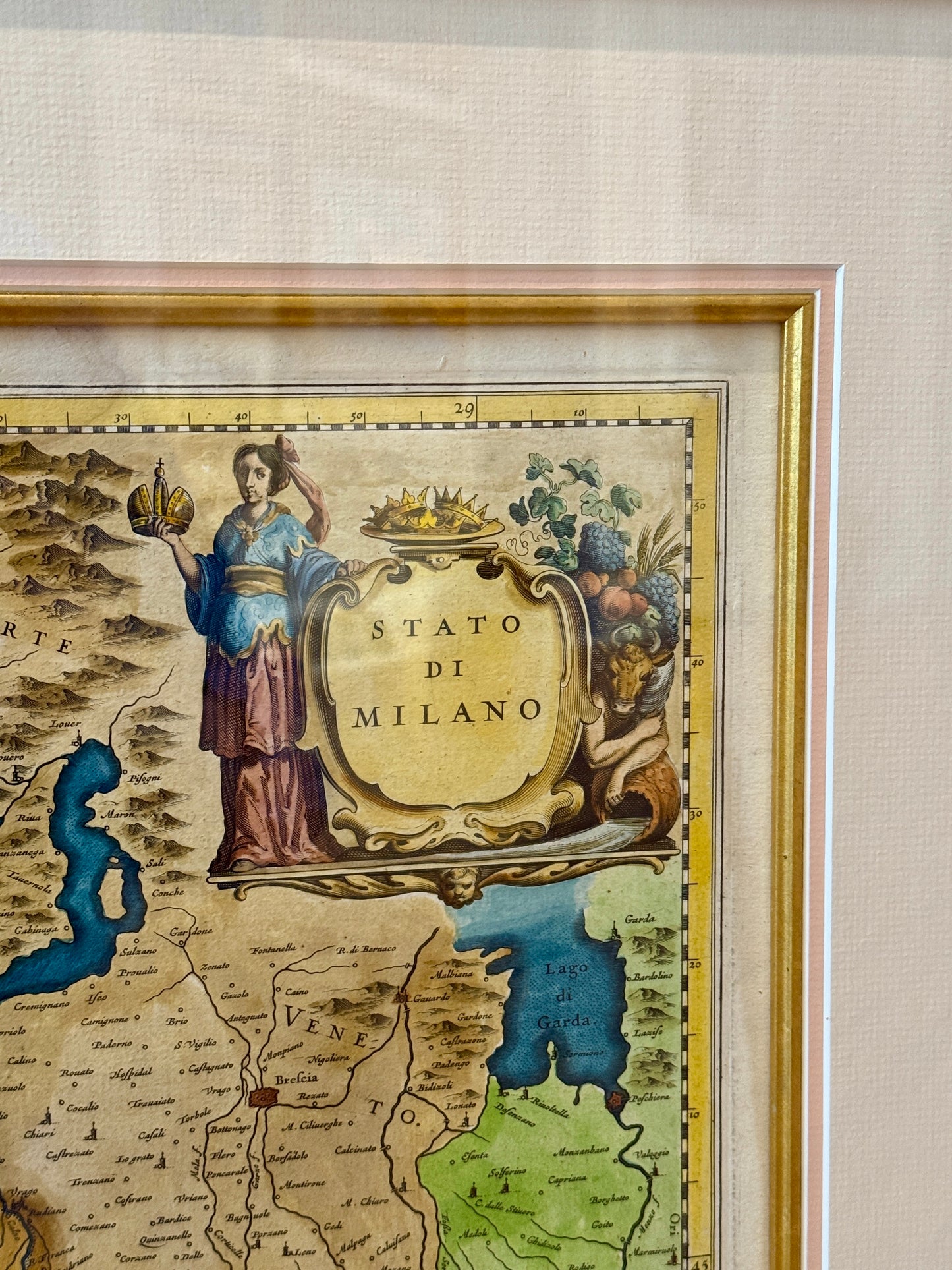 Antique Johannes Blaeu Engraved and Hand Colored Map of Milan, Italy Milano in Gold Frame