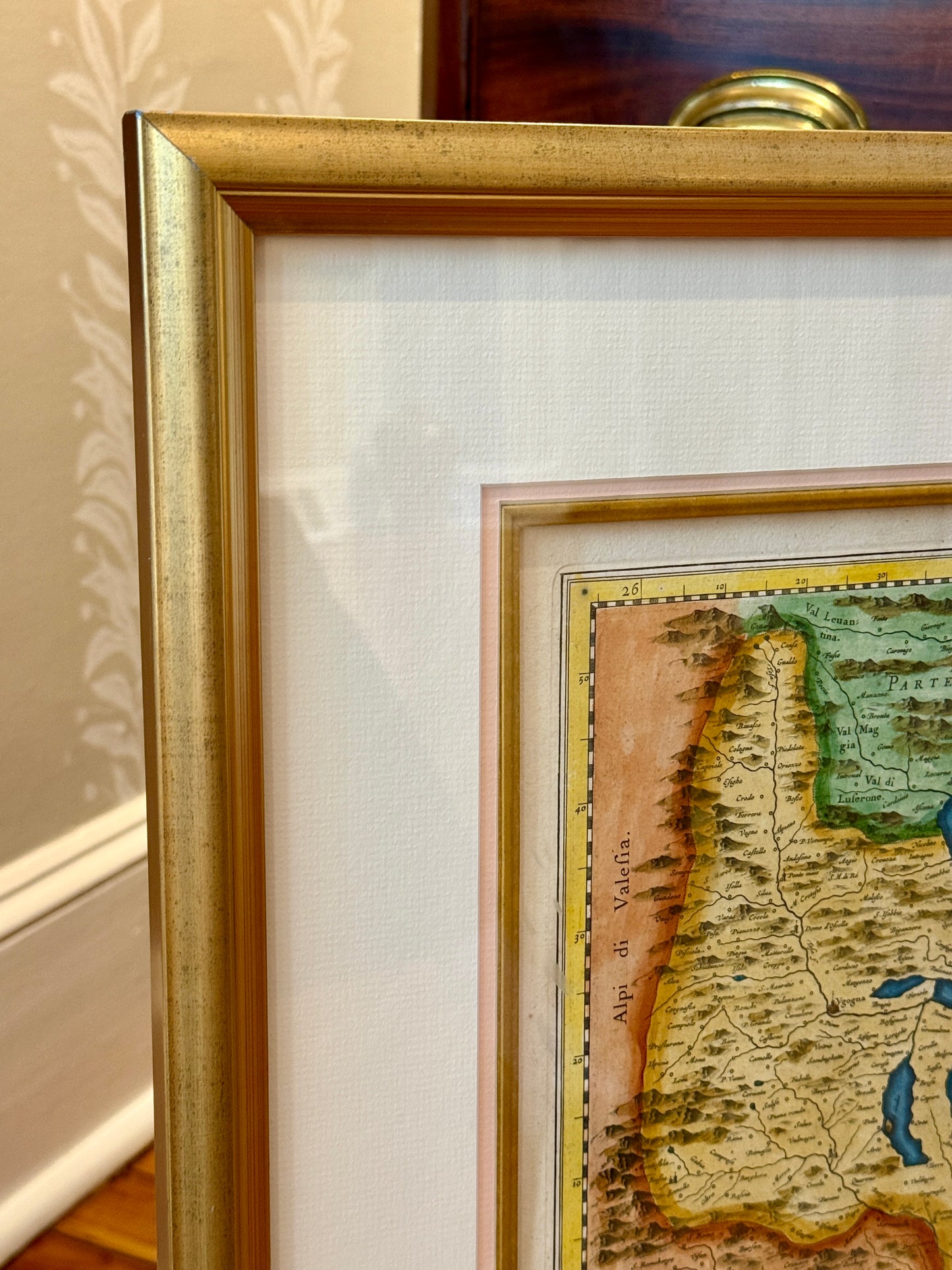 Antique Johannes Blaeu Engraved and Hand Colored Map of Milan, Italy Milano in Gold Frame