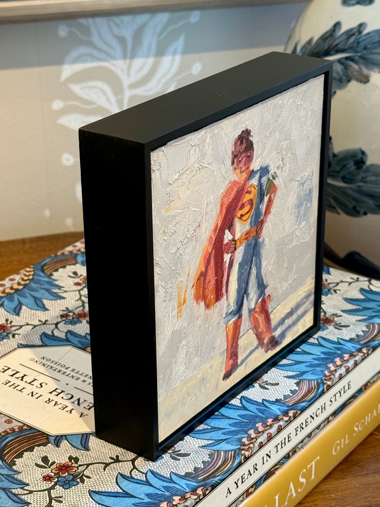 Karen McCool Kmart Superman Portrait Oil Painting in Black Floater Frame