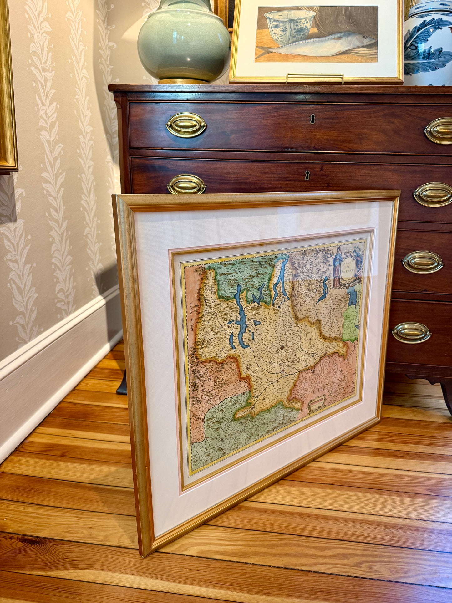 Antique Johannes Blaeu Engraved and Hand Colored Map of Milan, Italy Milano in Gold Frame